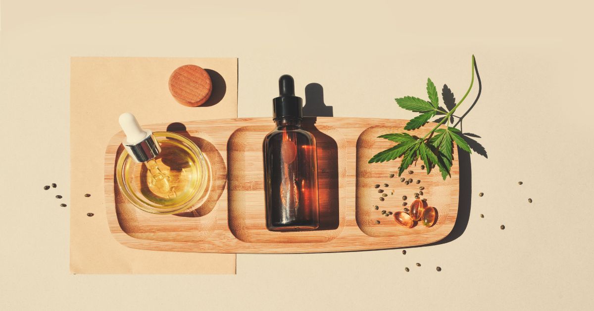 cbd products placed on a wooden board